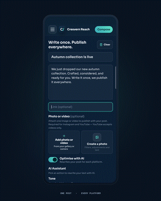 Cresvern Reach app — compose once and publish to every network