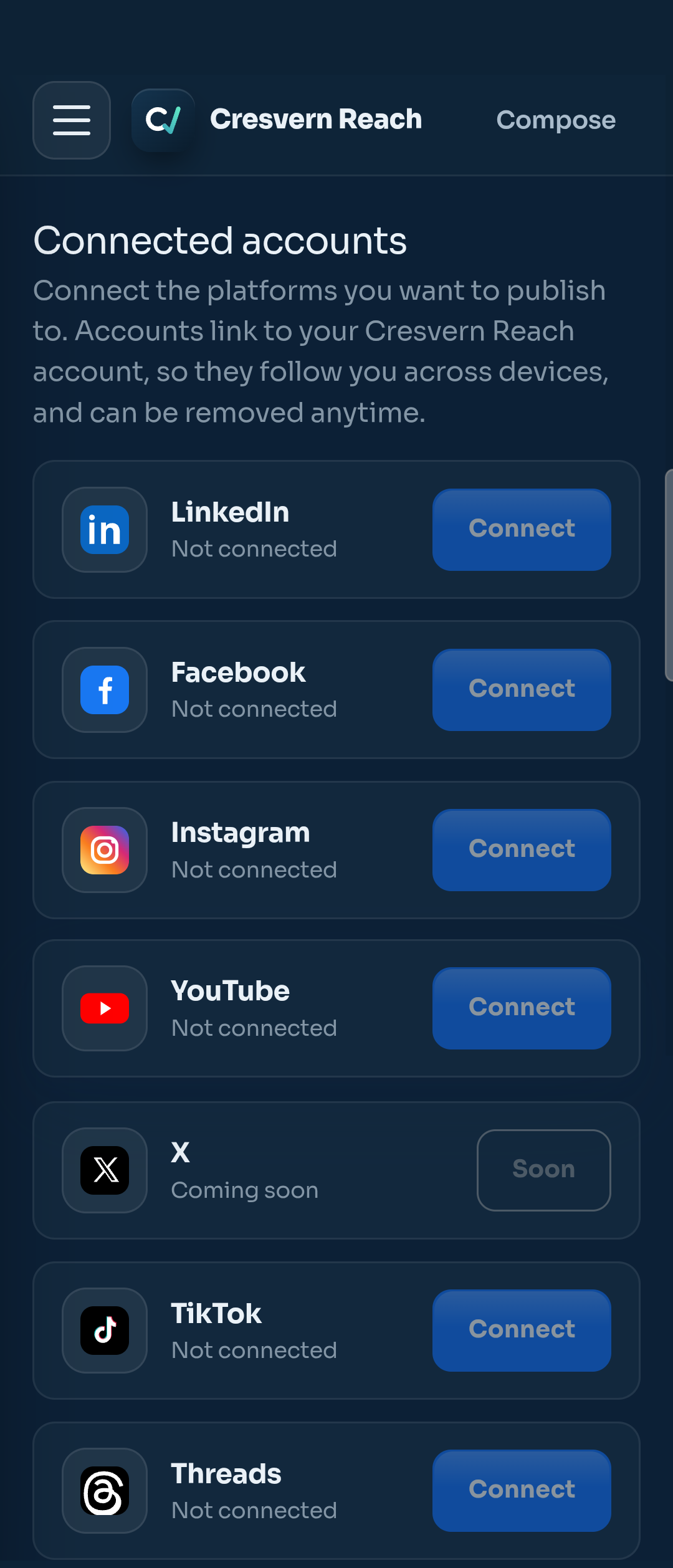 Cresvern Reach — connect your social accounts