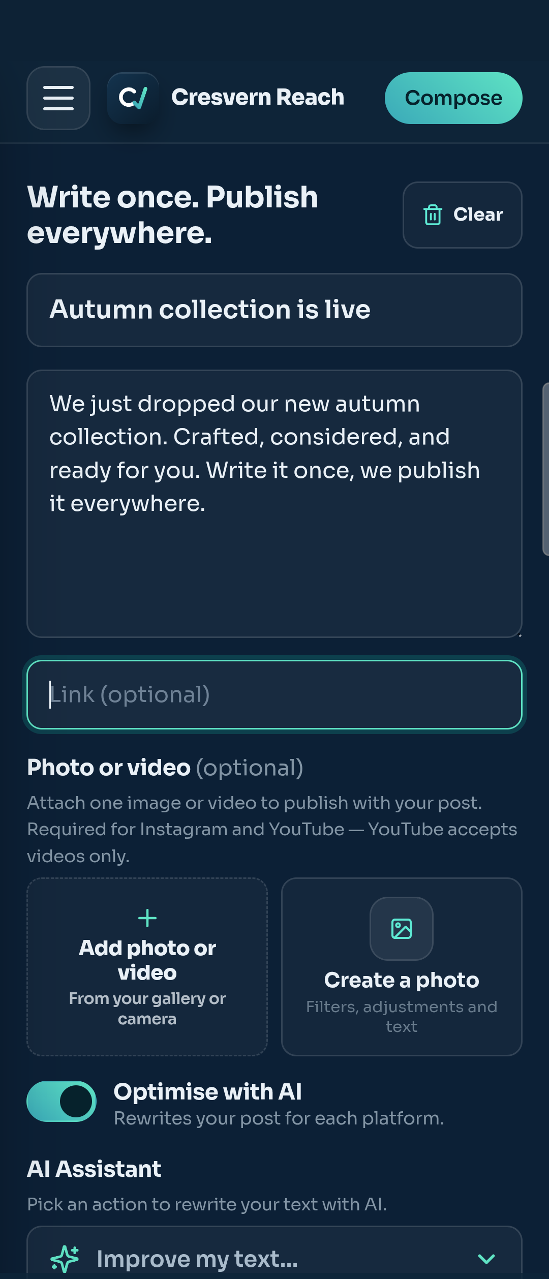 Cresvern Reach — Compose: write once, publish everywhere