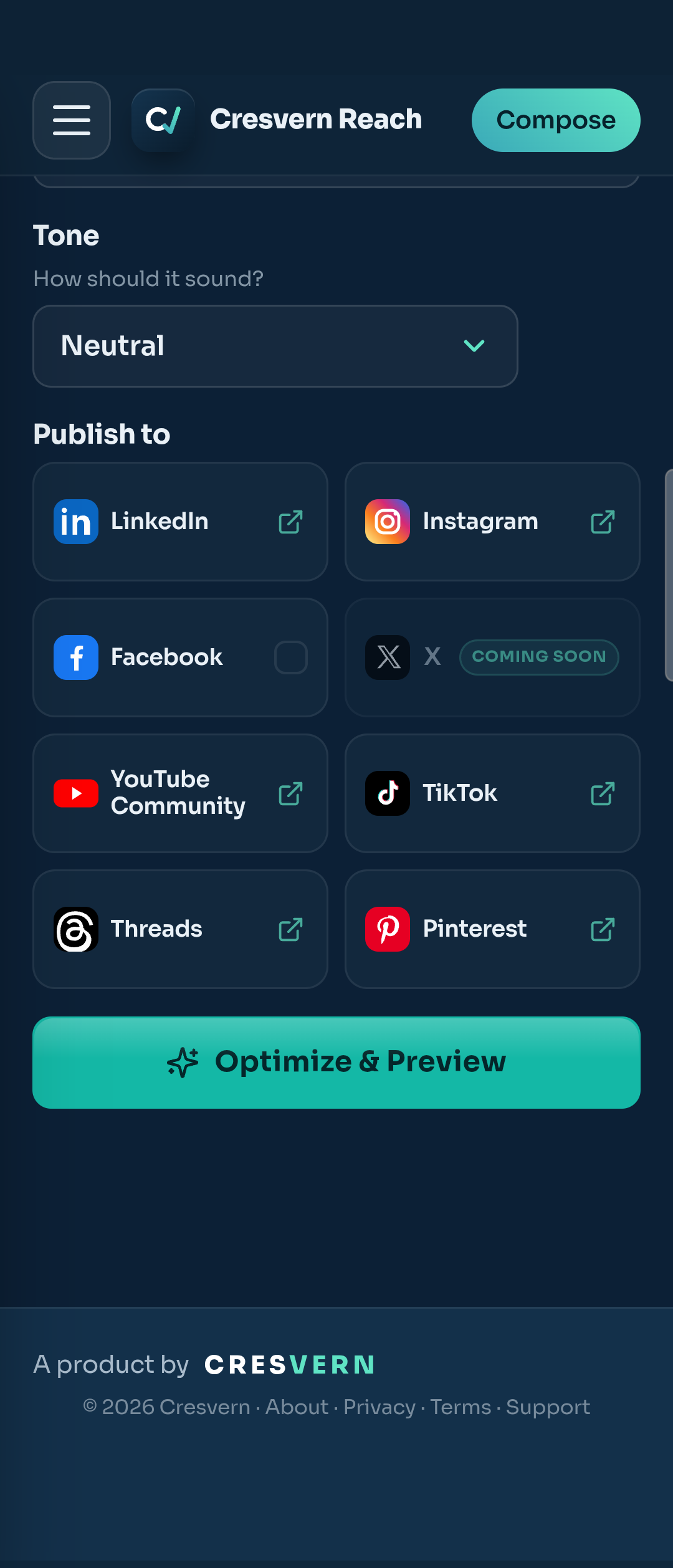 Cresvern Reach — choose which platforms to publish to